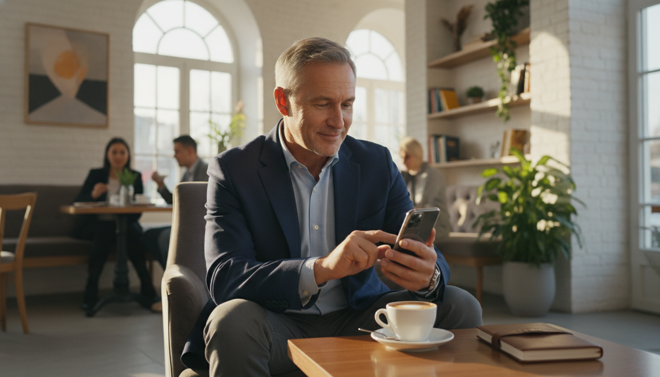 Middle-aged man checking matchmaking site pricing and features at a café