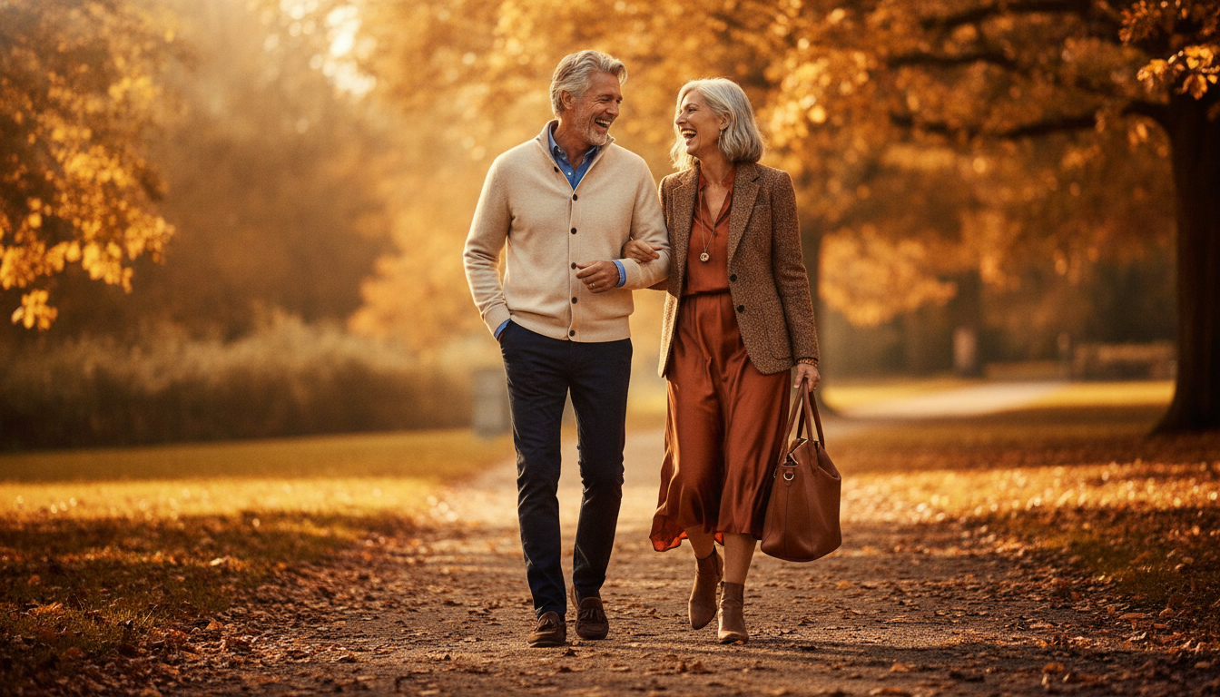Two mature friends walking in the park discussing online dating