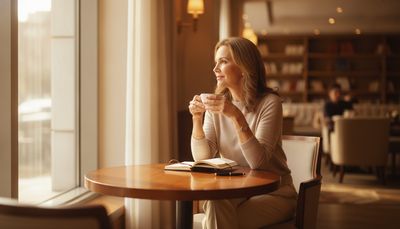 Reife Frau sitzt nachdenklich lächelnd mit Kaffee am Fenster eines Cafés