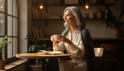 Reife Frau sitzt nachdenklich mit Kaffee und Tagebuch allein im Café